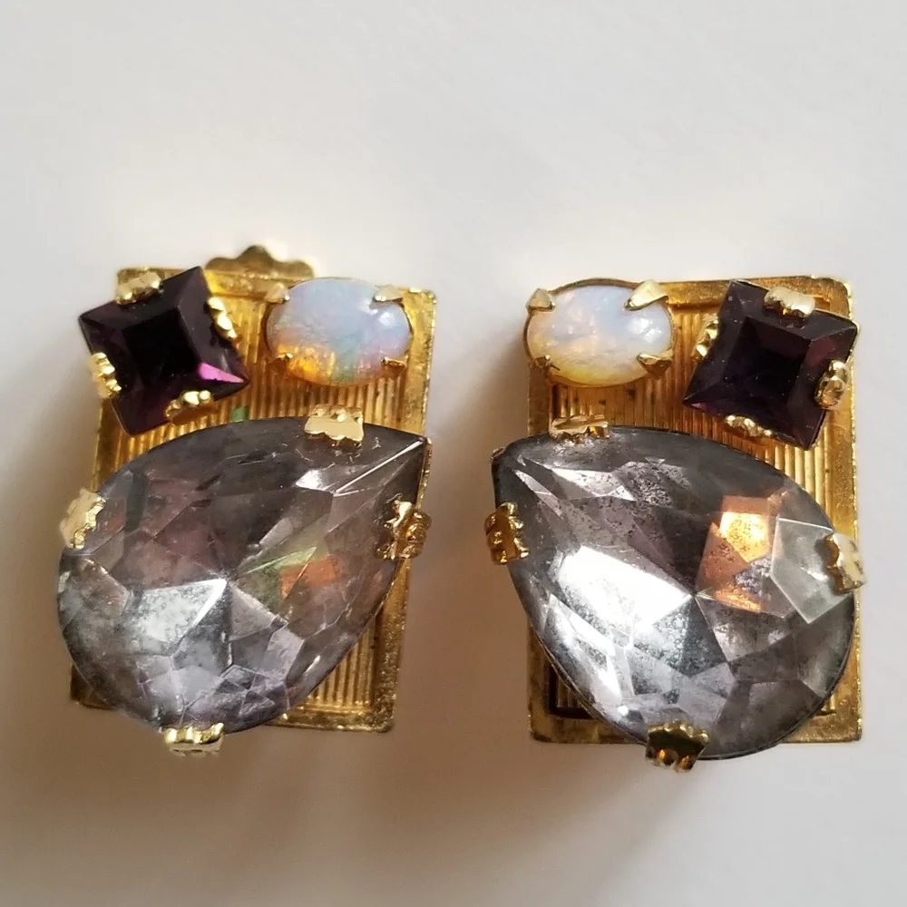 Vintage earrings rhinestone clip on faux opal gold tone rectangular chunky